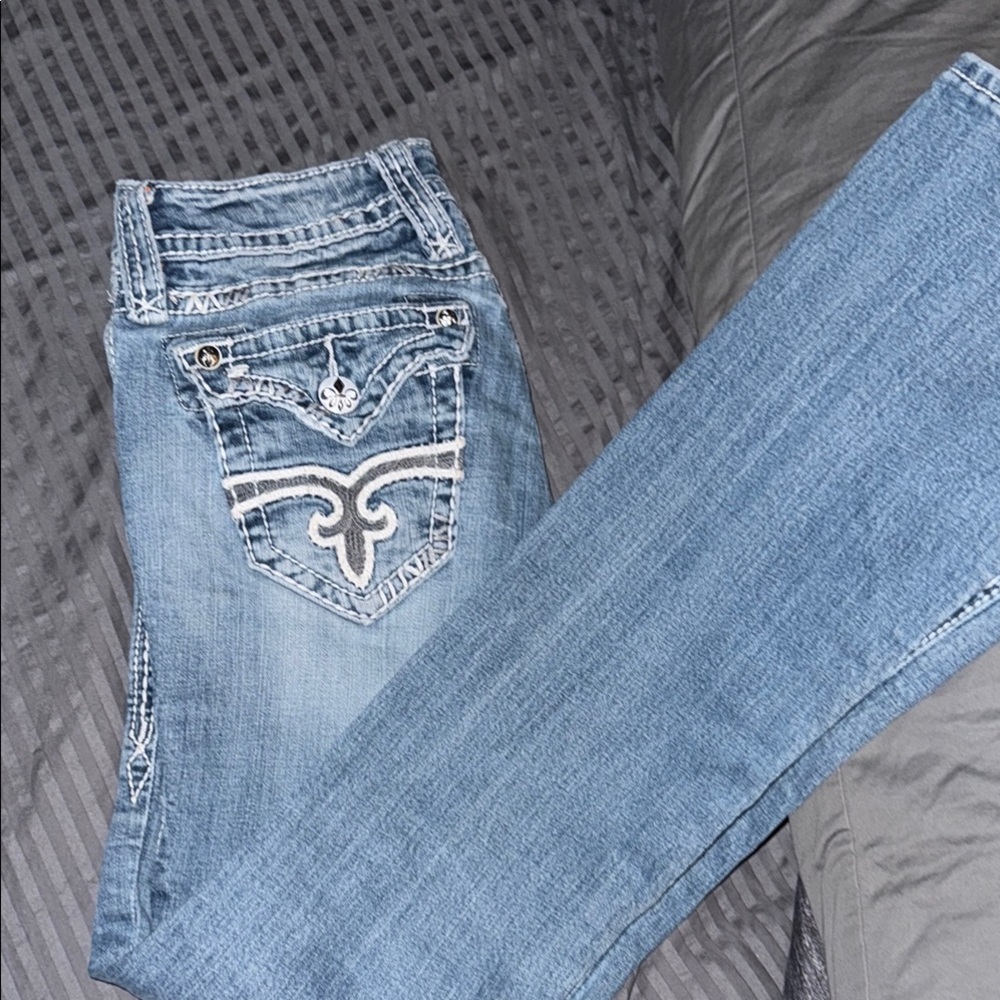 Rock Revival Blue Boot Cut Jeans with Ornate Stitching